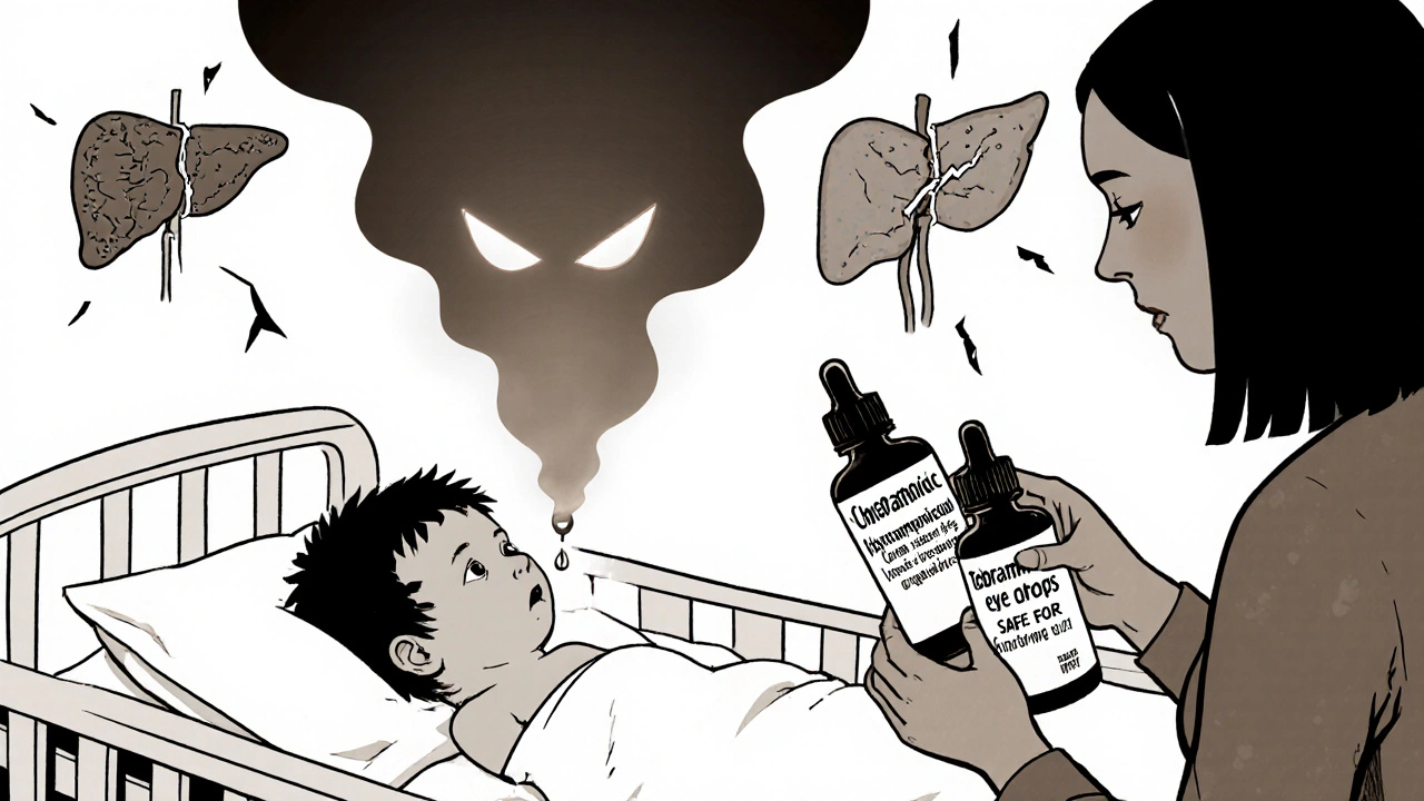 A newborn is surrounded by a gray haze from chloramphenicol drops, while a safer alternative bottle glows nearby.