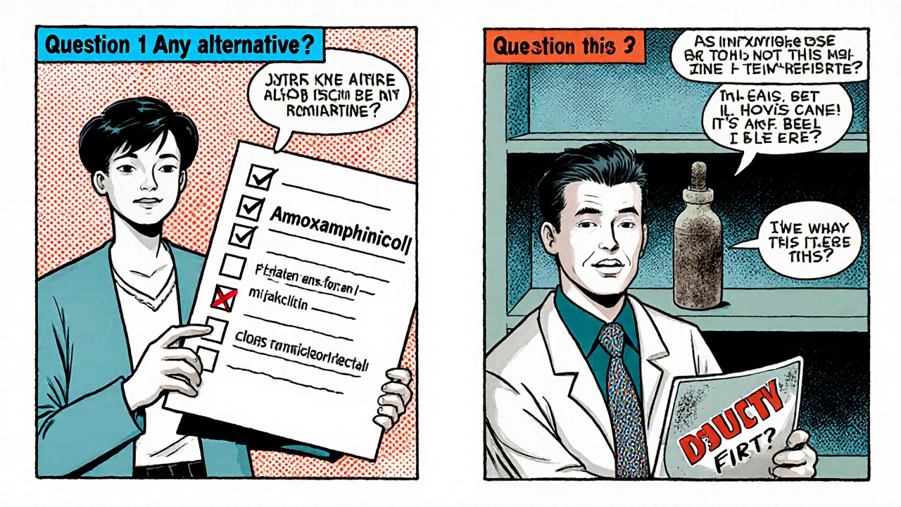 A patient checks questions about antibiotics, choosing safety over chloramphenicol with a doctor holding a 'Safety First' shield.