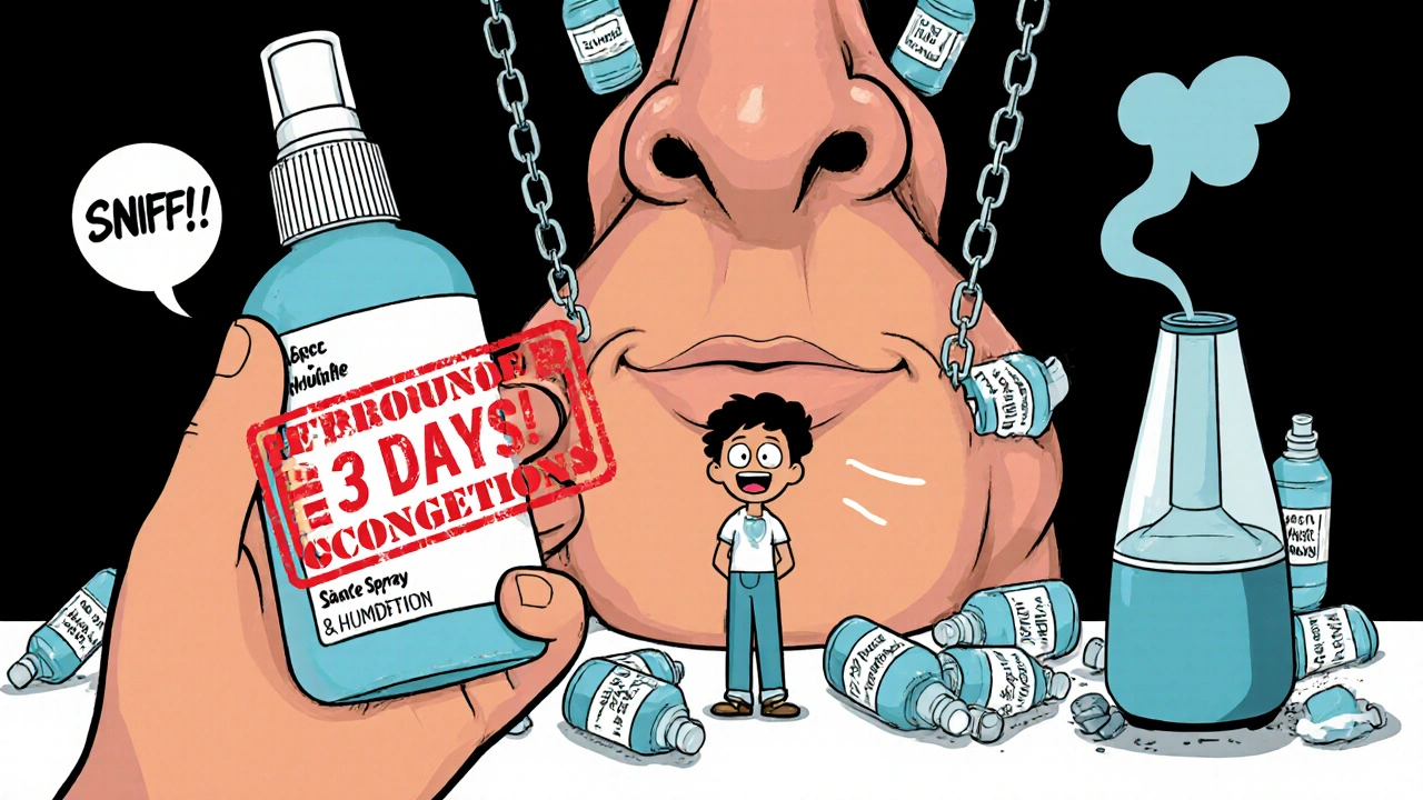 A person trapped by overused nasal spray, with rebound congestion as a monstrous nose.