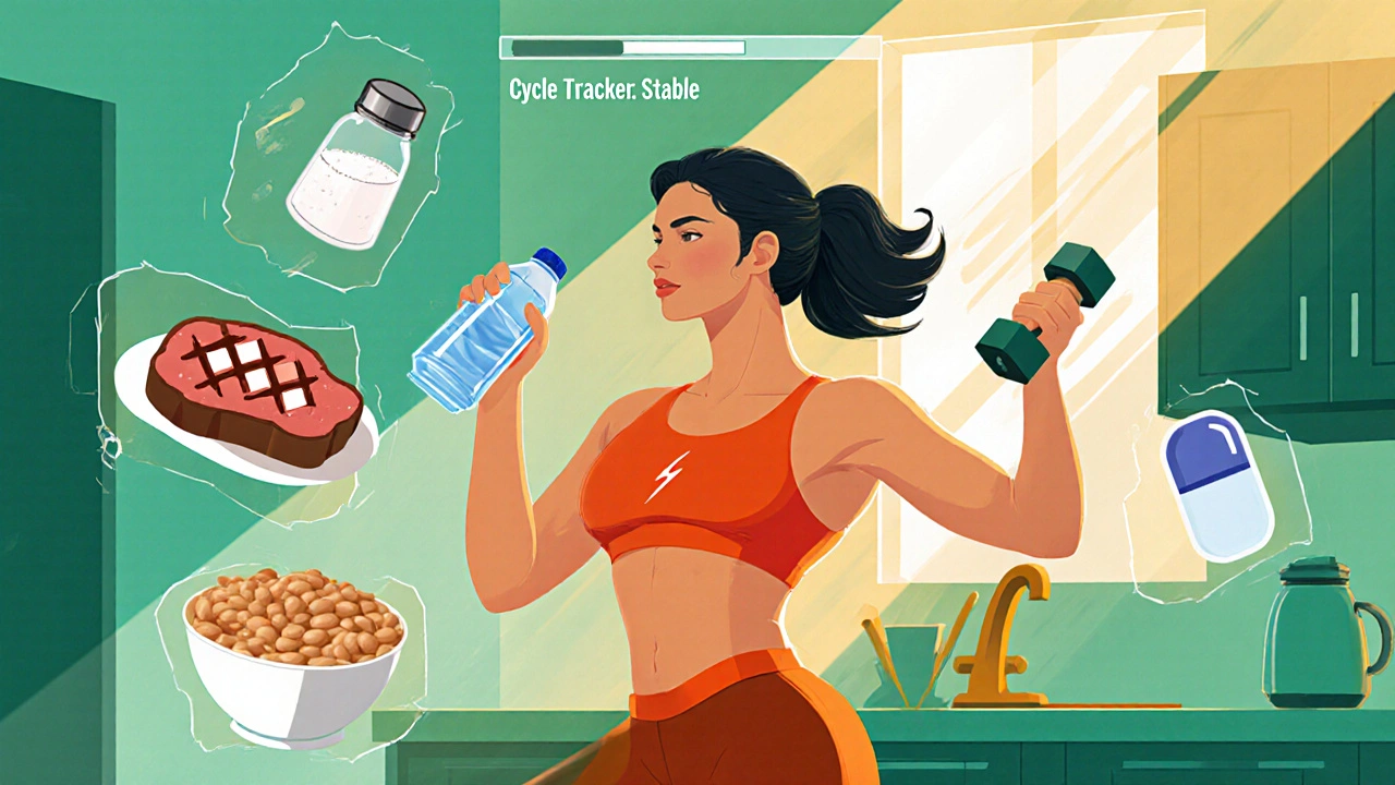 Active woman holding water bottle and dumbbell surrounded by icons for sodium, protein, fiber, and magnesium.