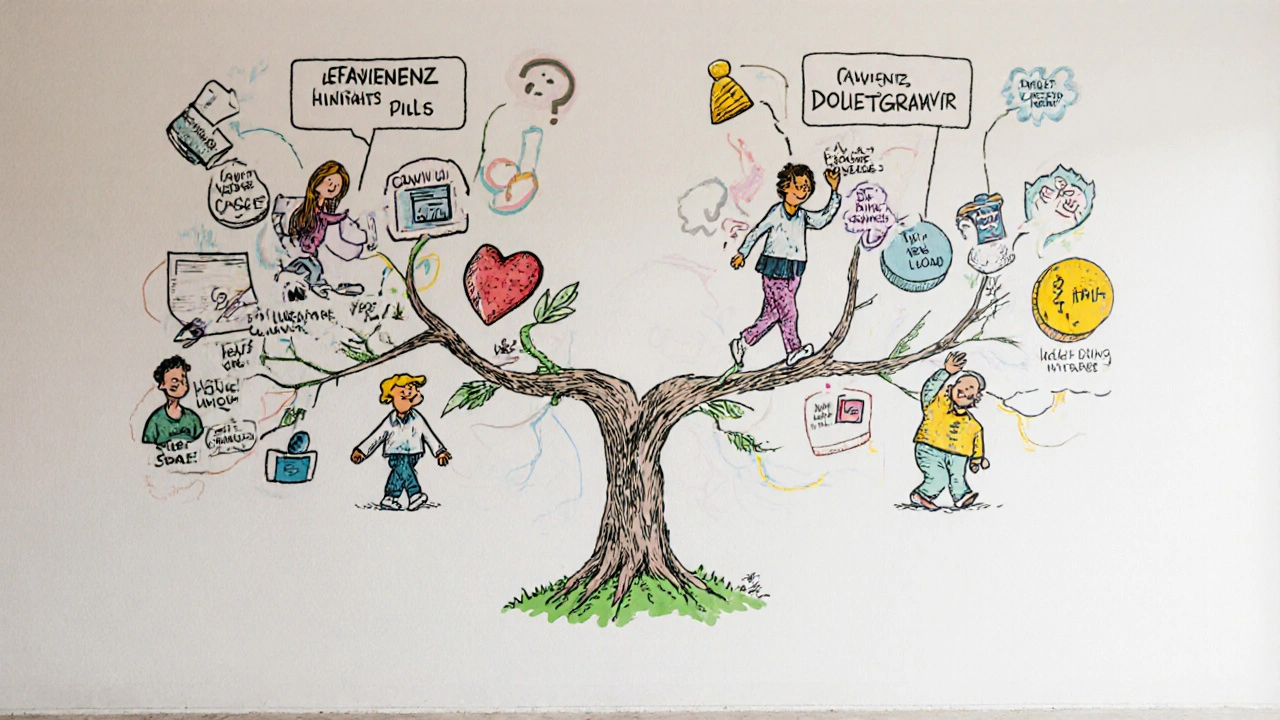 Cartoon decision tree showing choices between Efavirenz and Dolutegravir based on patient factors.