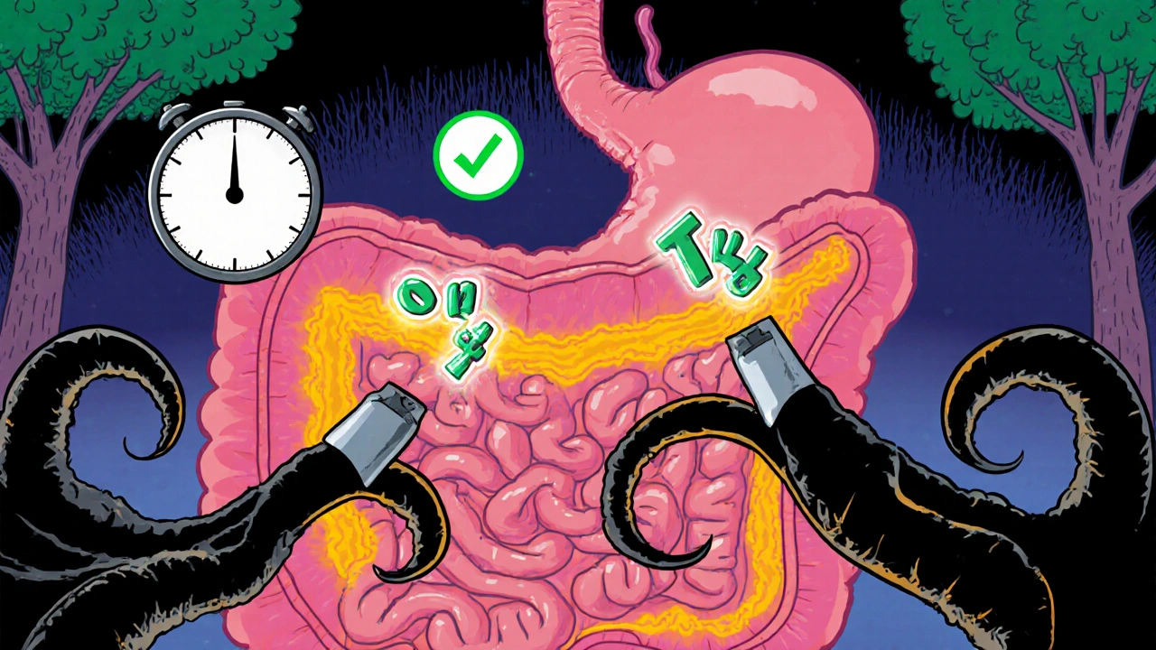 Cartoon depiction of thyroid hormone and iron ions clashing in the intestine, with a 4-hour timer preventing binding.