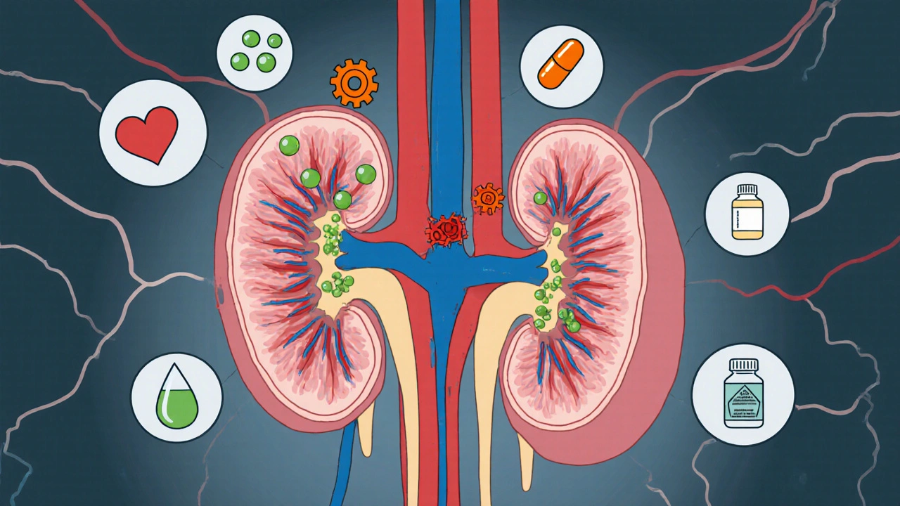 Cartoon kidney cross‑section shows narrowed vessels and ketorolac blocking prostaglandin production.