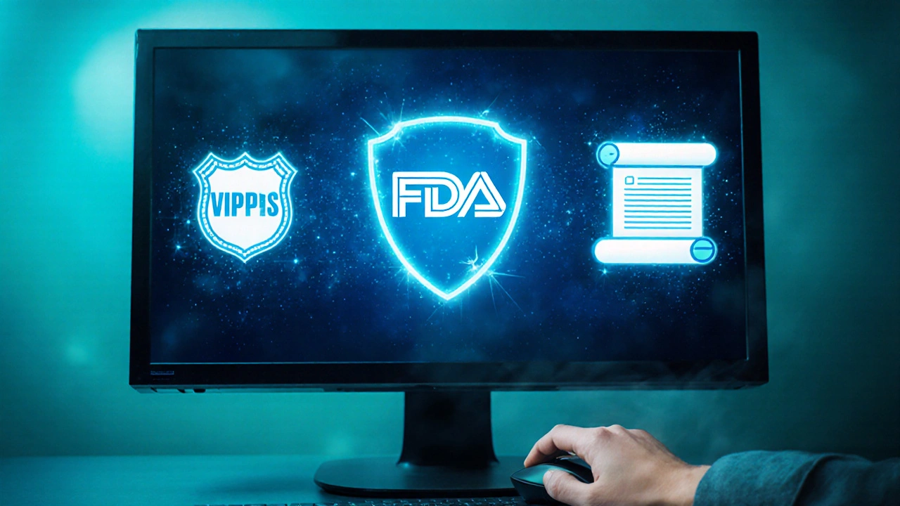 Computer screen with holographic VIPPS, FDA, and policy icons indicating pharmacy verification.