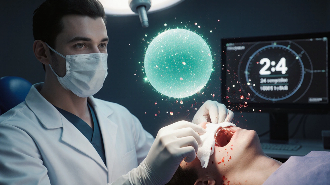 Dentist applying gauze and hemostatic sponge to a tooth extraction socket, with controlled blood effects.