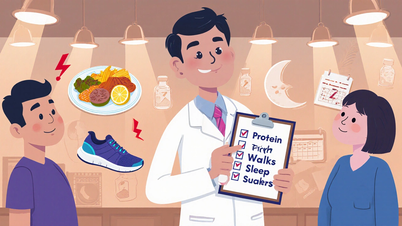 Doctor counseling patient with icons for diet, exercise, sleep and subtle warning symbols.