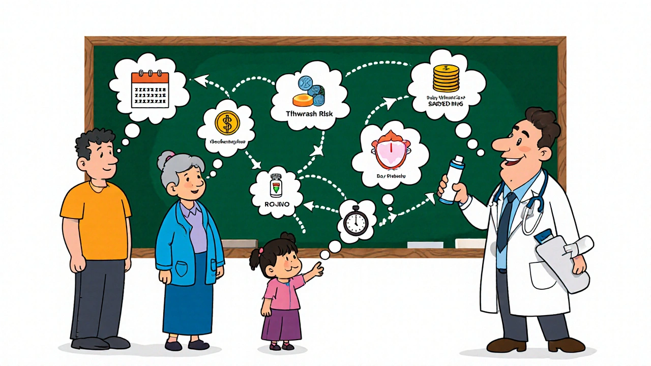Family with doctor and spacer, thought‑bubble icons show dosing, cost, thrush risk, and pediatric safety.