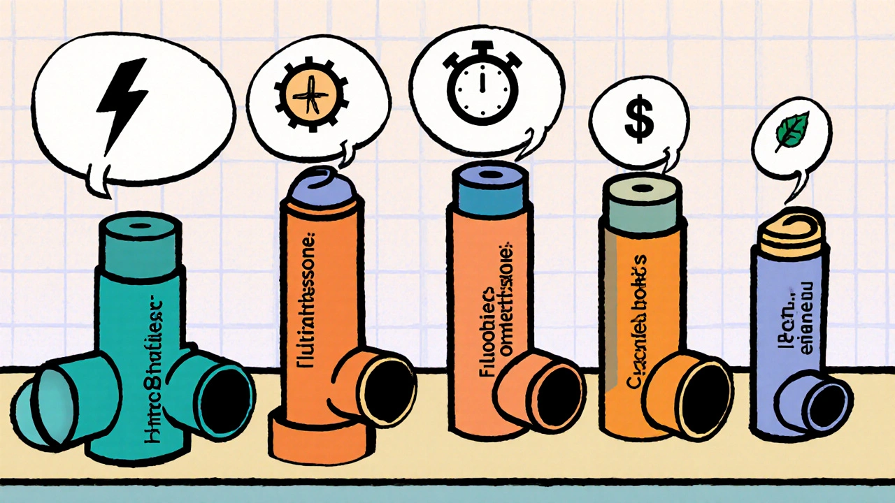 Five cartoon inhalers lined up with icons for potency, dosing, cost, and side effects.