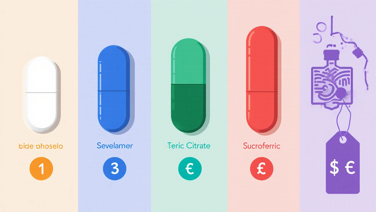 Flat illustration comparing five phosphate binder tablets with pill‑burden and side‑effect icons.