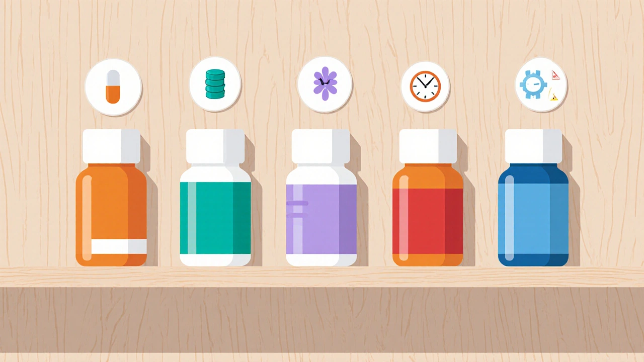 Flat illustration of six colored medication bottles with icons for dose and side‑effects.