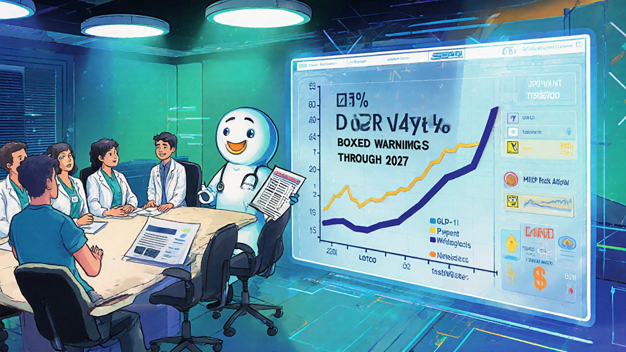 Future clinic scene with holographic chart forecasting more boxed warnings and dynamic patient alerts.