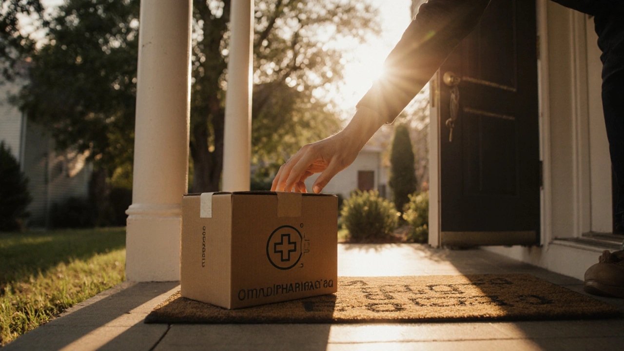 Hand receiving a discreet pharmacy box on a porch at sunrise.
