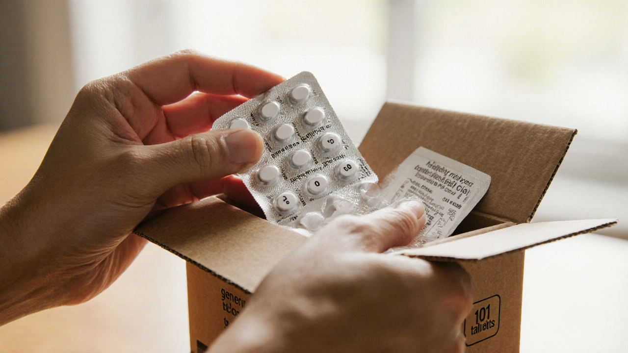 Hands inspecting a blister pack of generic celecoxib tablets, showing imprint "001".