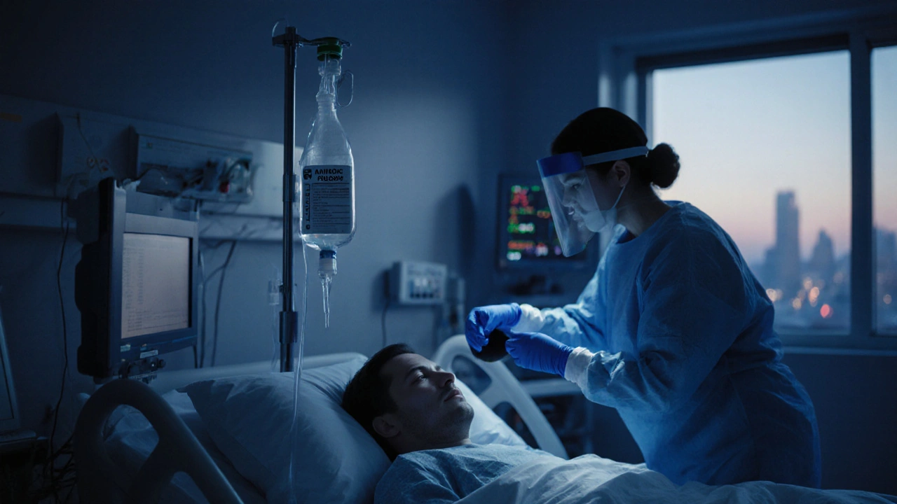 Hospital patient receiving IV treatment while a nurse in protective gear monitors them.