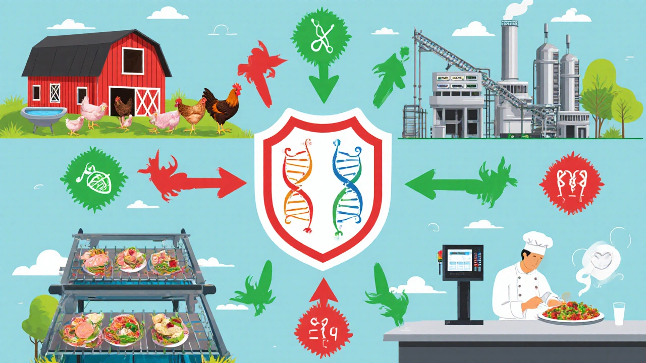 Illustrated network linking farms, processors, restaurants, labs, and a safety shield.
