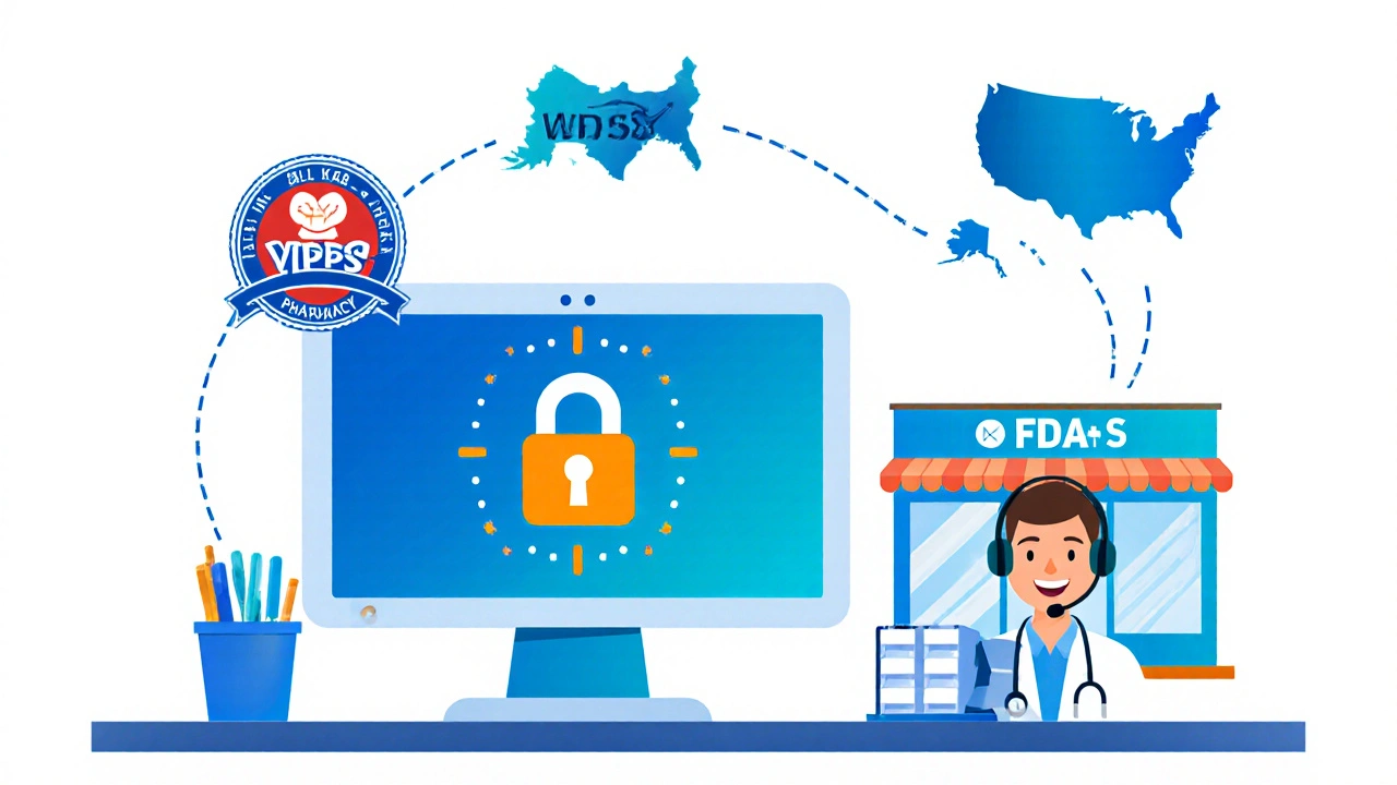 Illustration of secure website, pharmacist video chat, and US map indicating pharmacy verification.