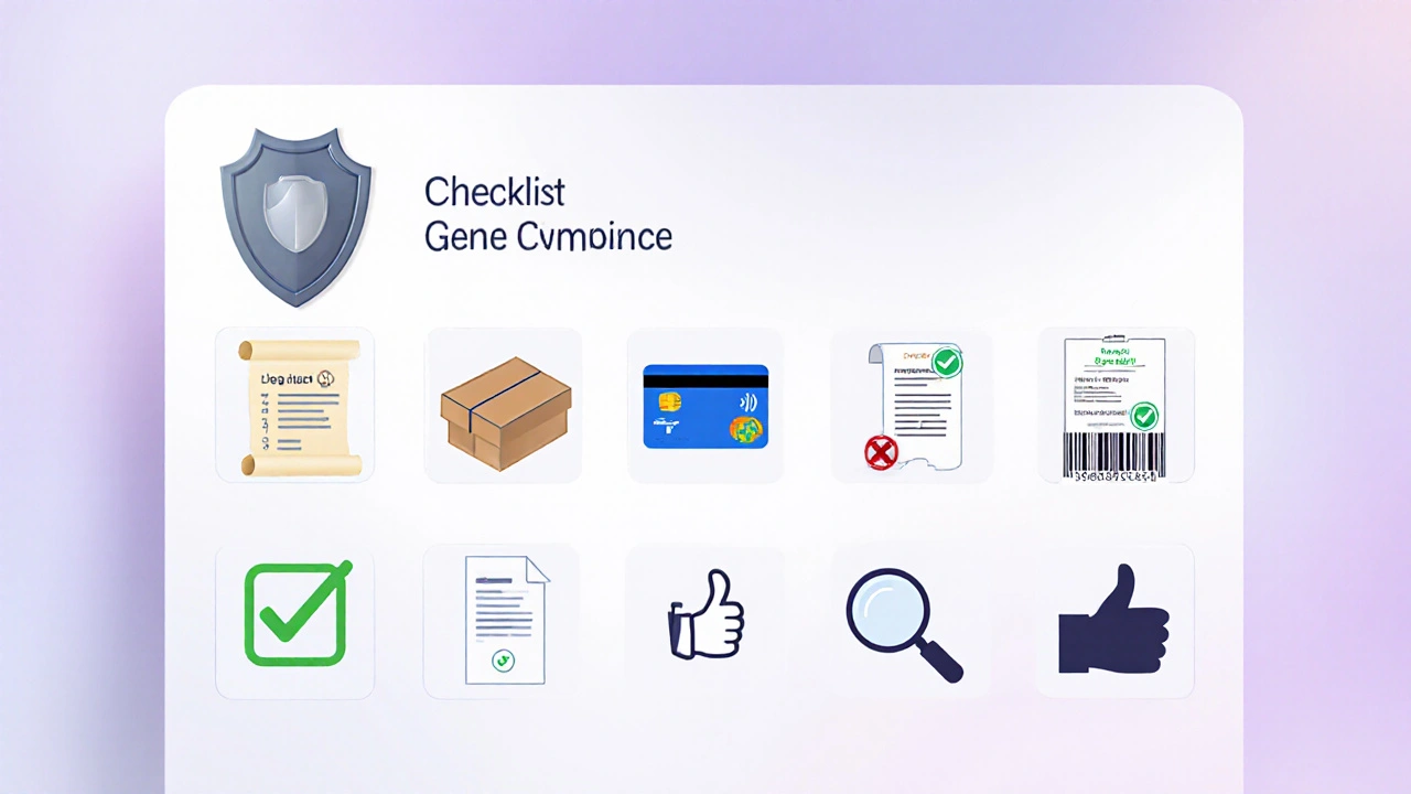 Minimalist checklist of icons illustrating safe online purchase steps for generic Cymbalta.