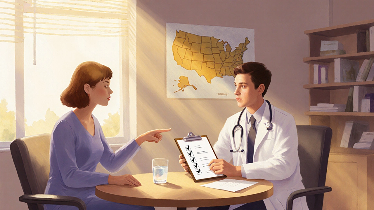 Painterly scene of a doctor and patient discussing antibiotics with sunlight streaming in.