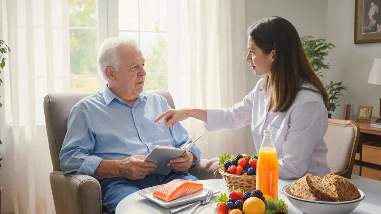 Pastel scene of patient and dietitian reviewing foods like salmon, berries, and juice in bright room.