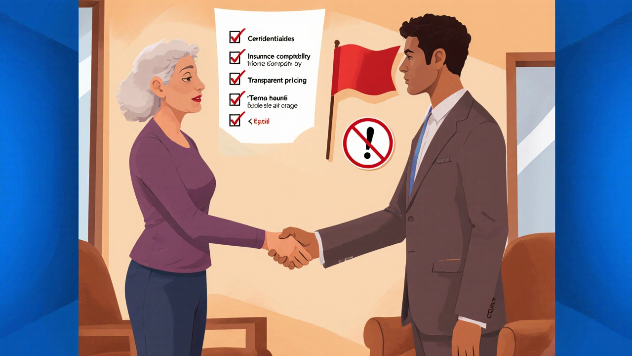 Patient and audiologist shake hands in a bright office, checklist ticked, red‑flag warning crossed out.