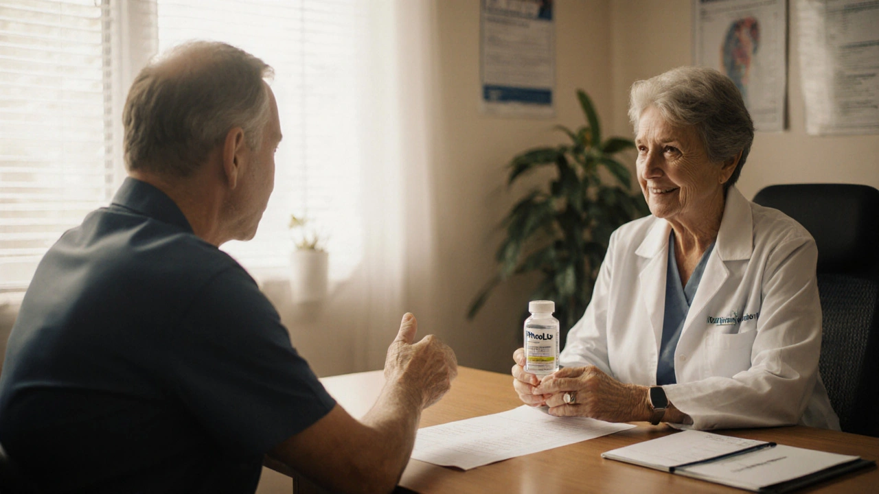 Patient and nephrologist discussing treatment in a warmly lit clinic setting.