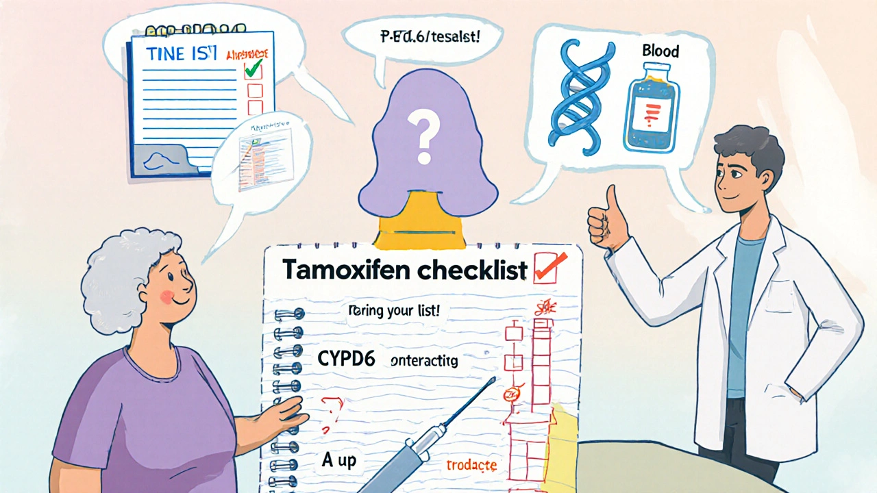 Patient checking a safety list with icons for meds, genetics, and blood test.