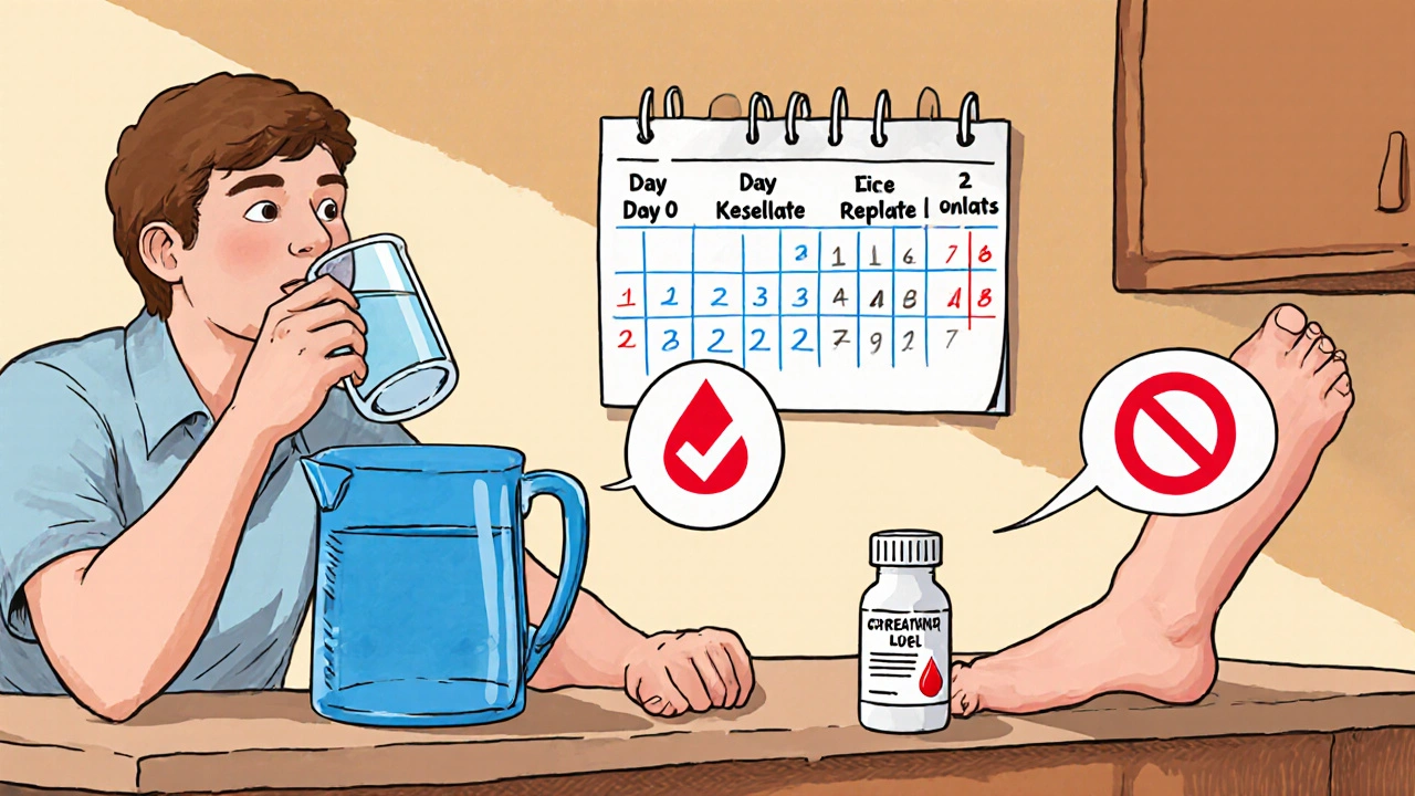 Patient drinks water, checks a calendar for labs, and sees a warning sign over a pill bottle with swollen ankle.