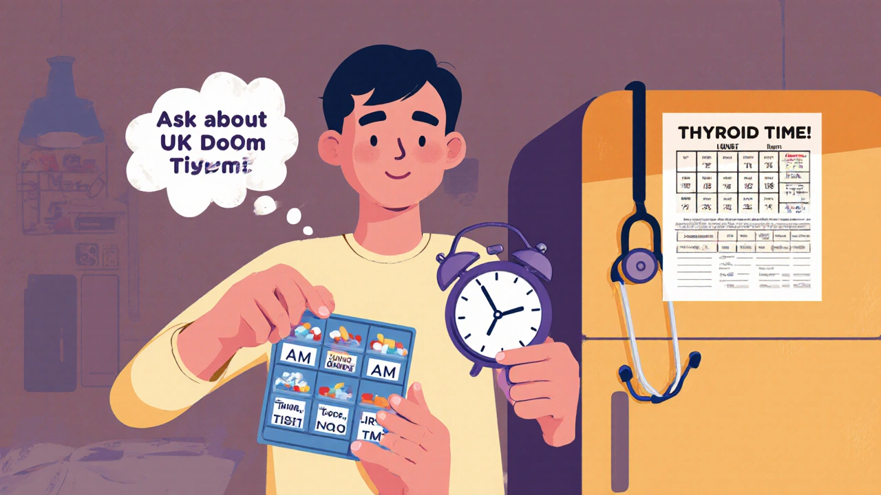 Patient organizing pills with alarms and a timing chart on the fridge, advocating for proper medication timing.