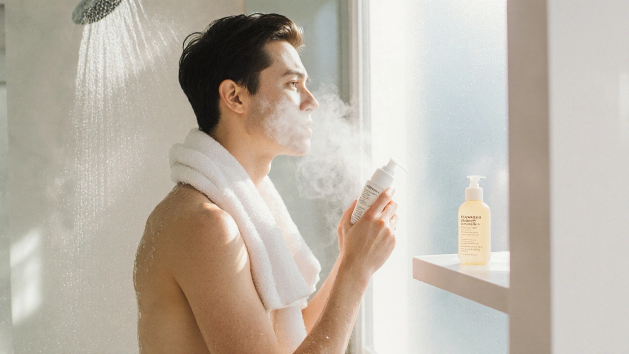 Person applying ceramide moisturizer after a brief lukewarm shower.