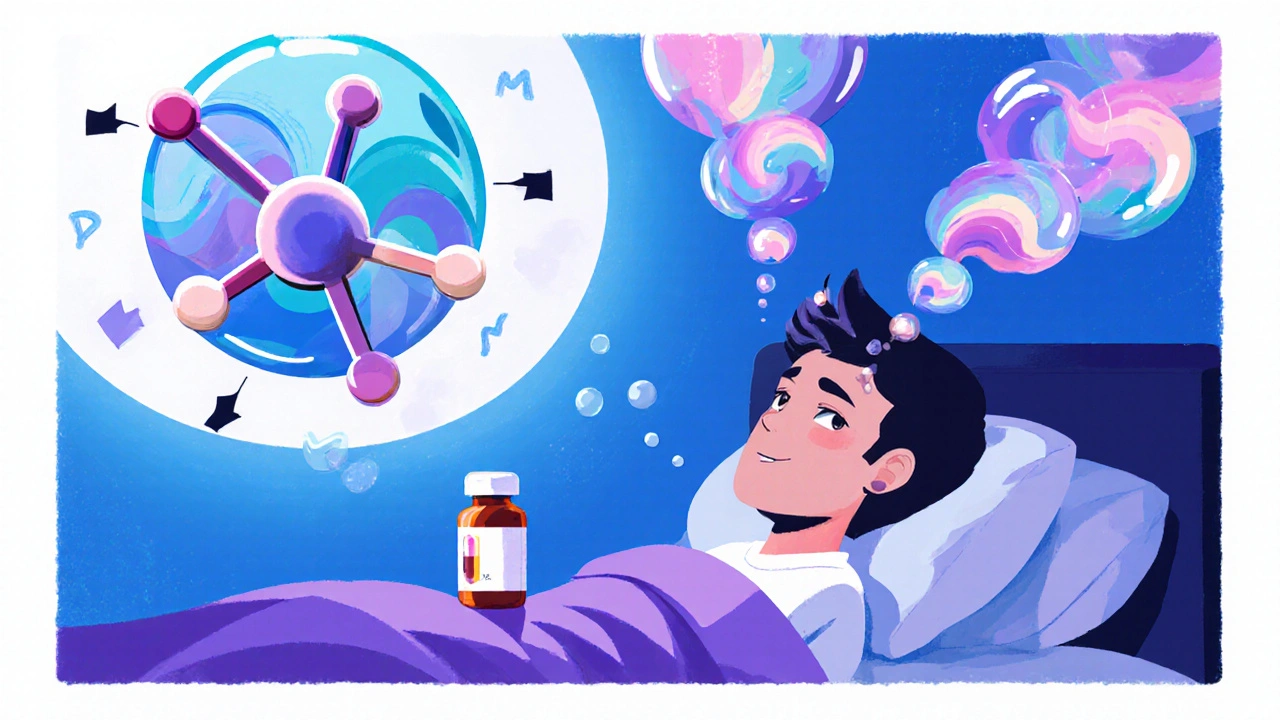 Person in bed experiencing vivid dream bubbles under influence of Efavirenz molecule.