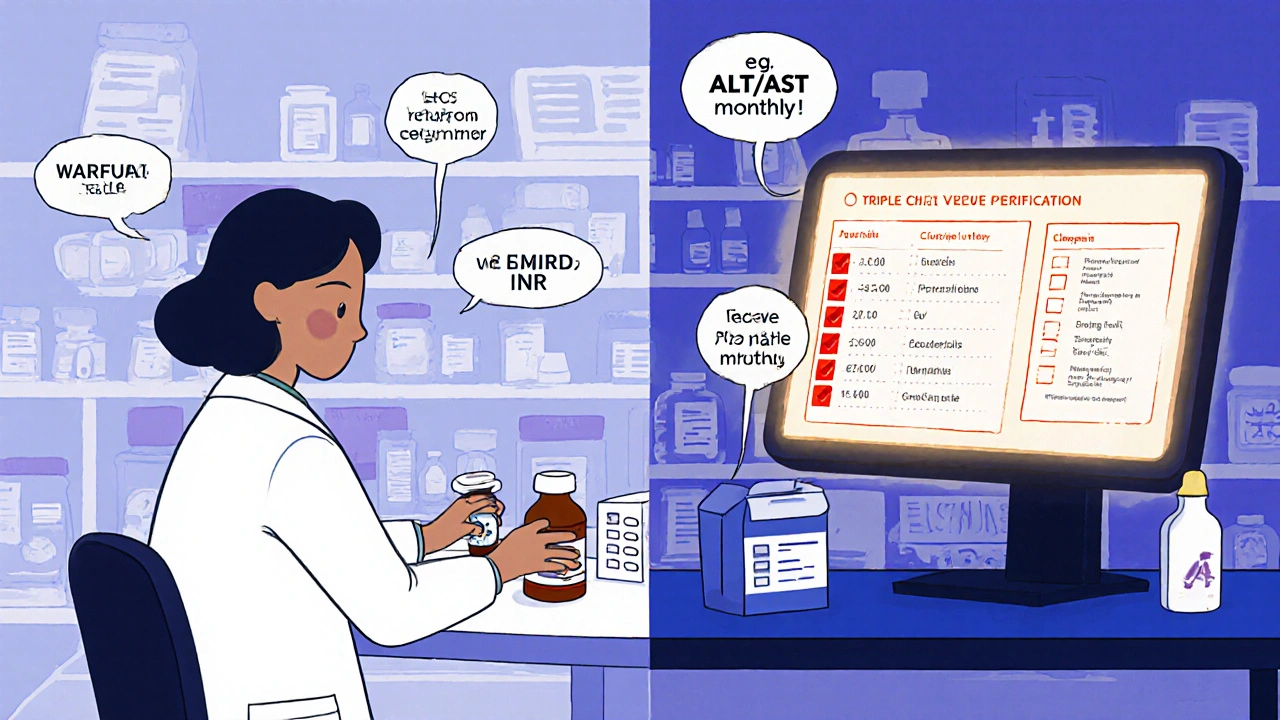 Pharmacist verifying fentanyl, warfarin, and clozapine with patient‑specific EHR alerts and lab values.
