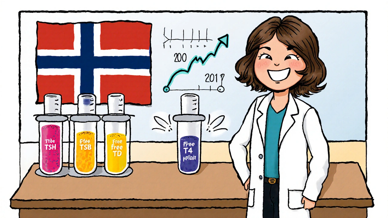 Researcher with test tubes showing increased TSH and a Norwegian study reference.