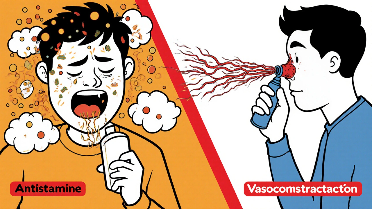 Split-panel comparison: antihistamine vs. decongestant action on nasal passages.