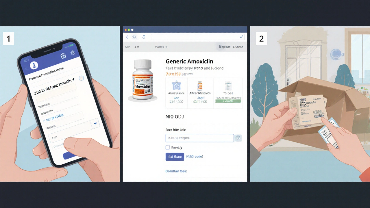 Storyboard of uploading prescription, selecting amoxicillin, and receiving a delivery box.