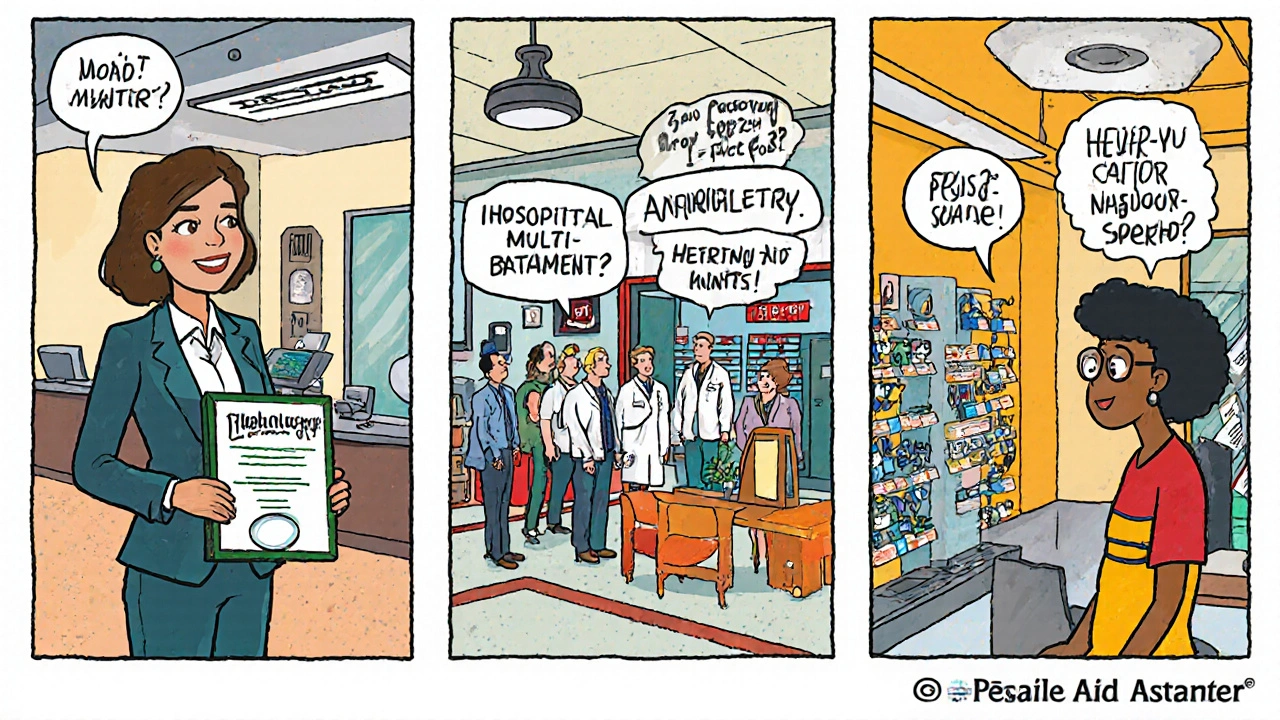 Three comic panels compare private practice, hospital, and retail hearing‑aid settings with pros and cons.