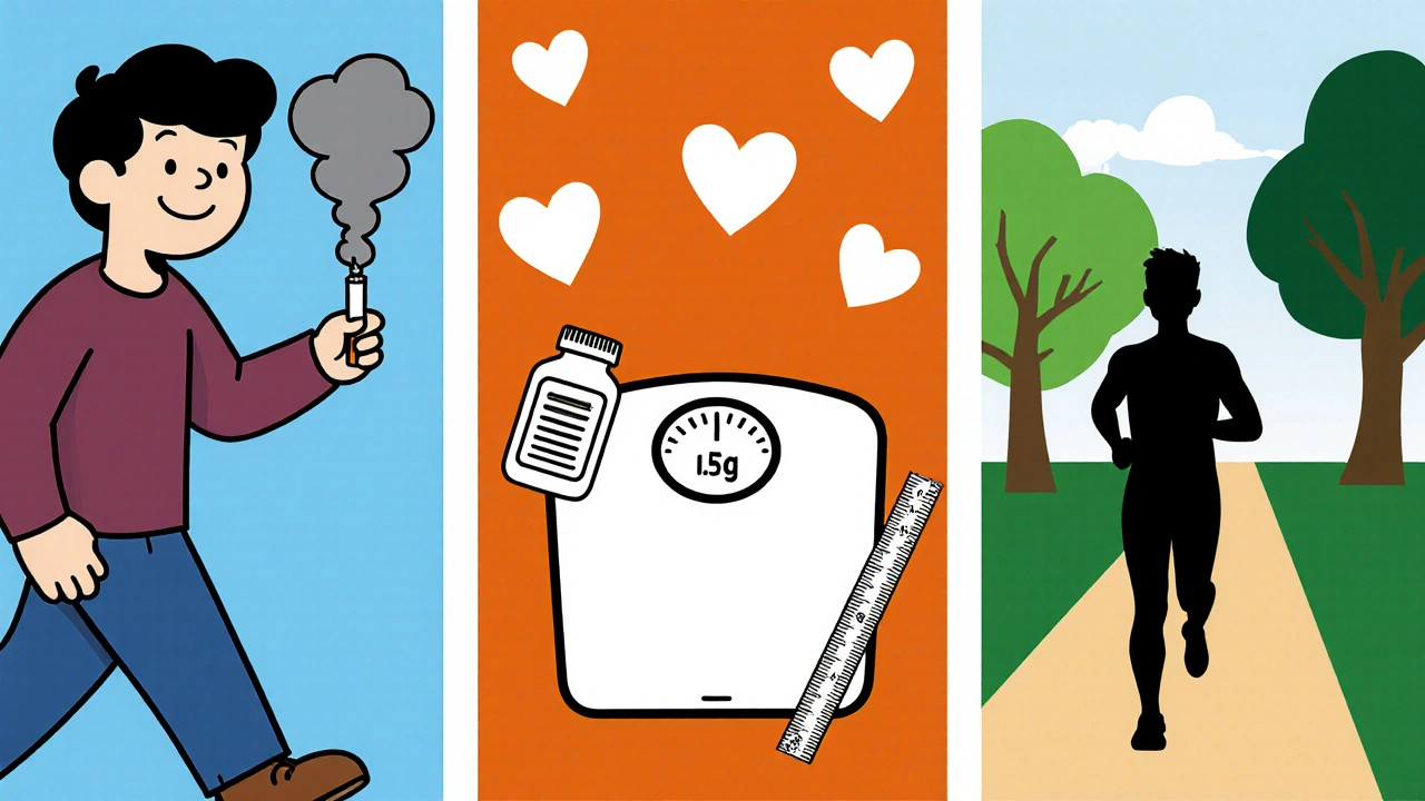 Three comic panels: quitting smoking, mood lift with weight loss, and jogging showing pounds lost.