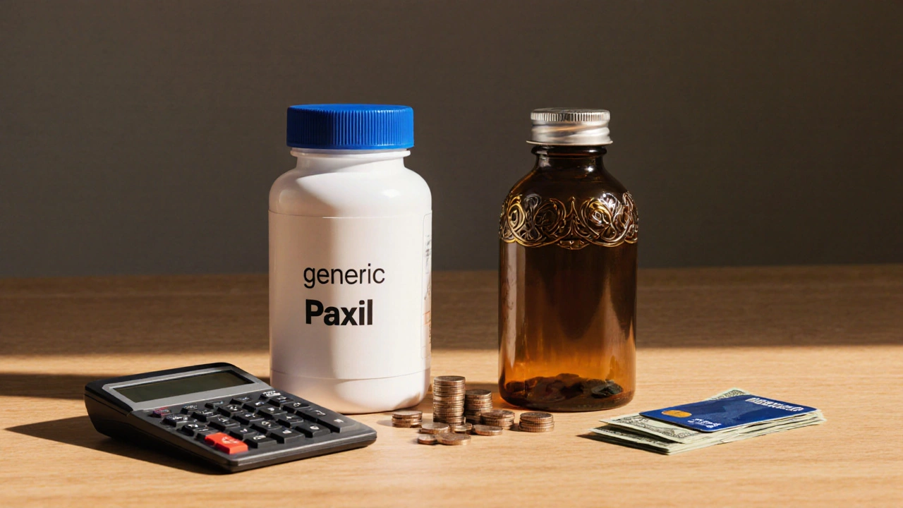 Two medication bottles on a table with calculator and coins beside generic, credit card beside brand.