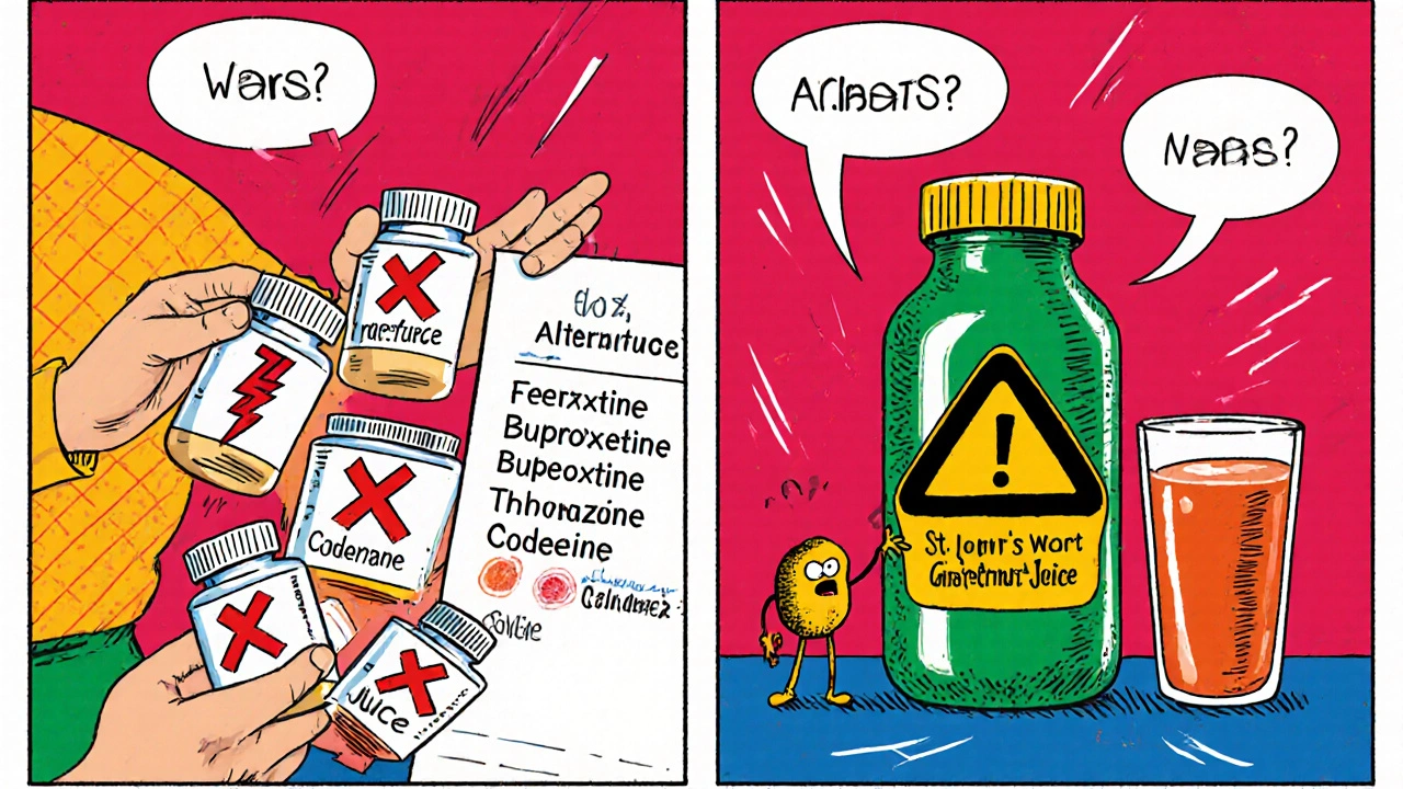 Two panels showing risky drugs with red Xs and safer alternatives.