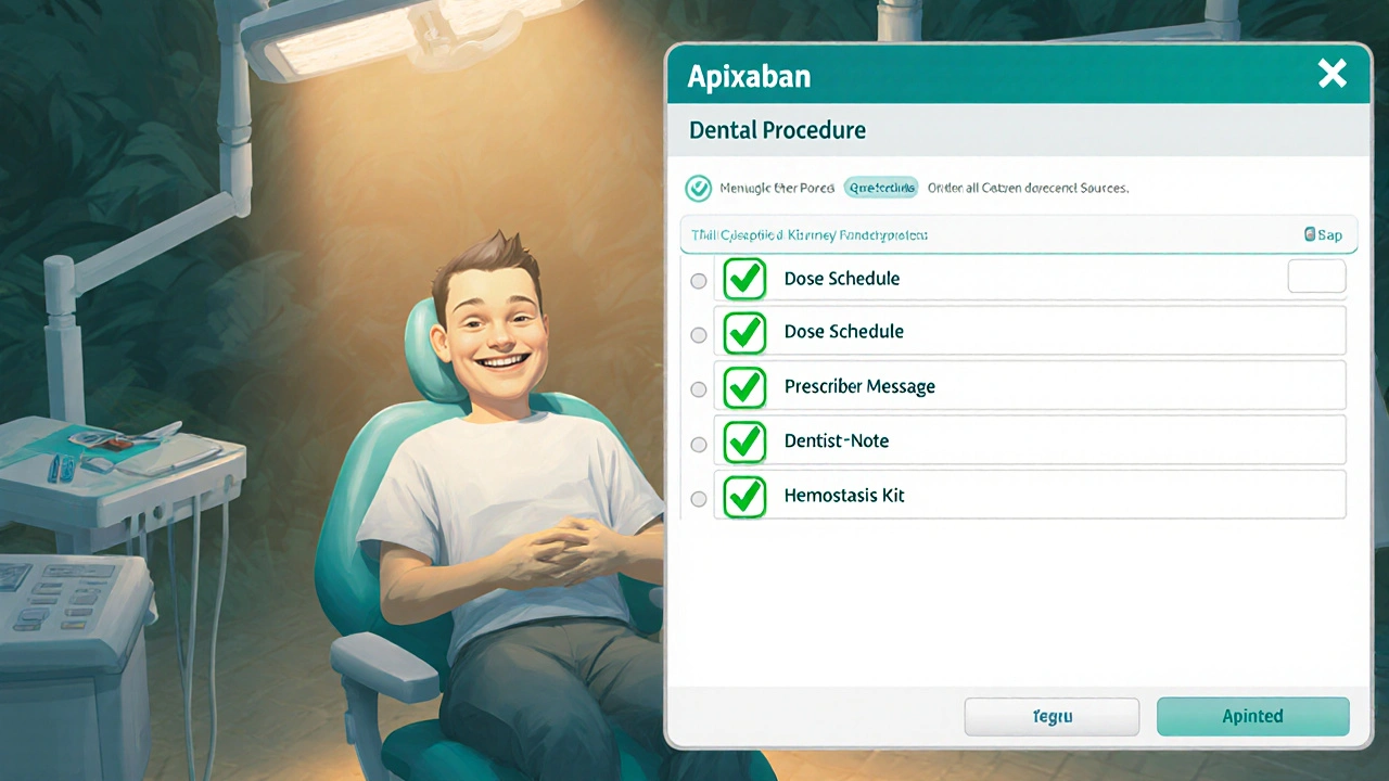 Video game‑style quest log showing a checklist for apixaban dental procedures, with patient in chair.