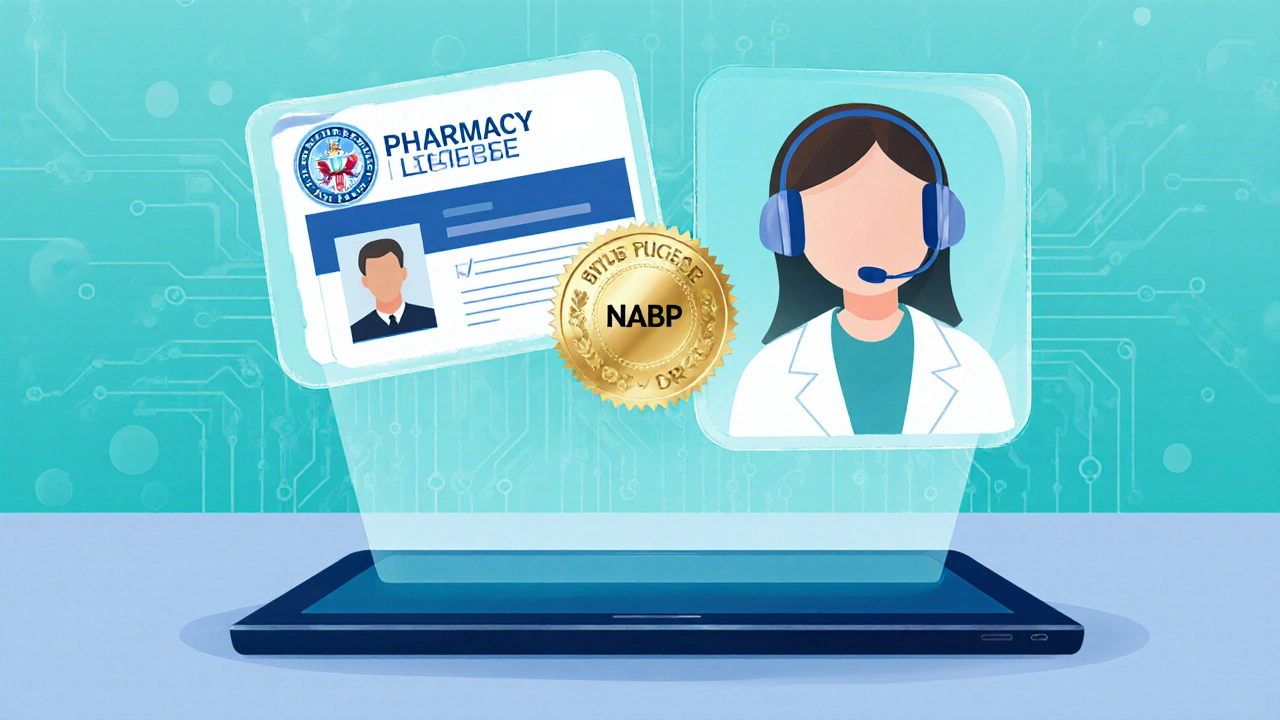 Virtual pharmacy desk showing holographic license badge, NABP seal, and pharmacist avatar.