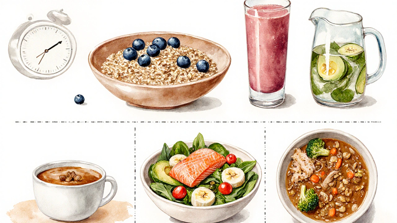 Watercolor of balanced meals: oatmeal, smoothie, salmon salad, yogurt, quinoa bowl, with clock hints.