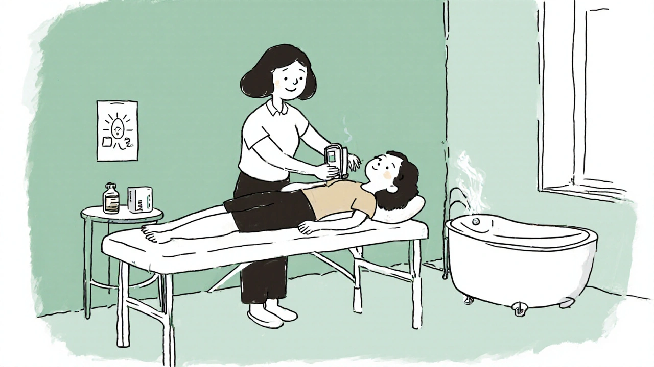 Woman receiving pelvic floor therapy, sitz bath, and ibuprofen beside her in a clinic.