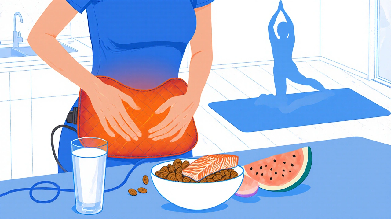 Woman using a heating pad, drinking water, and surrounded by bladder-friendly foods and yoga pose.