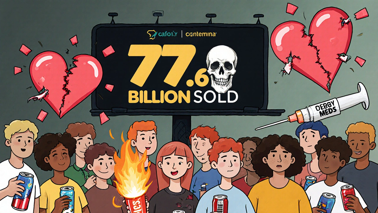A crowd of youth with fraying hearts above their heads, one bursting into flames, under a billboard showing billions sold with a hidden skull.