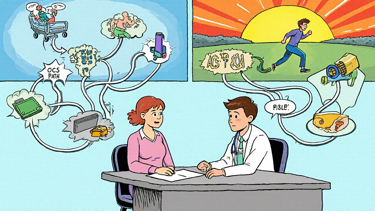 A doctor and patient reviewing a comic-style flowchart comparing harmful steroid use to hopeful biologic treatment with vivid visual contrasts.