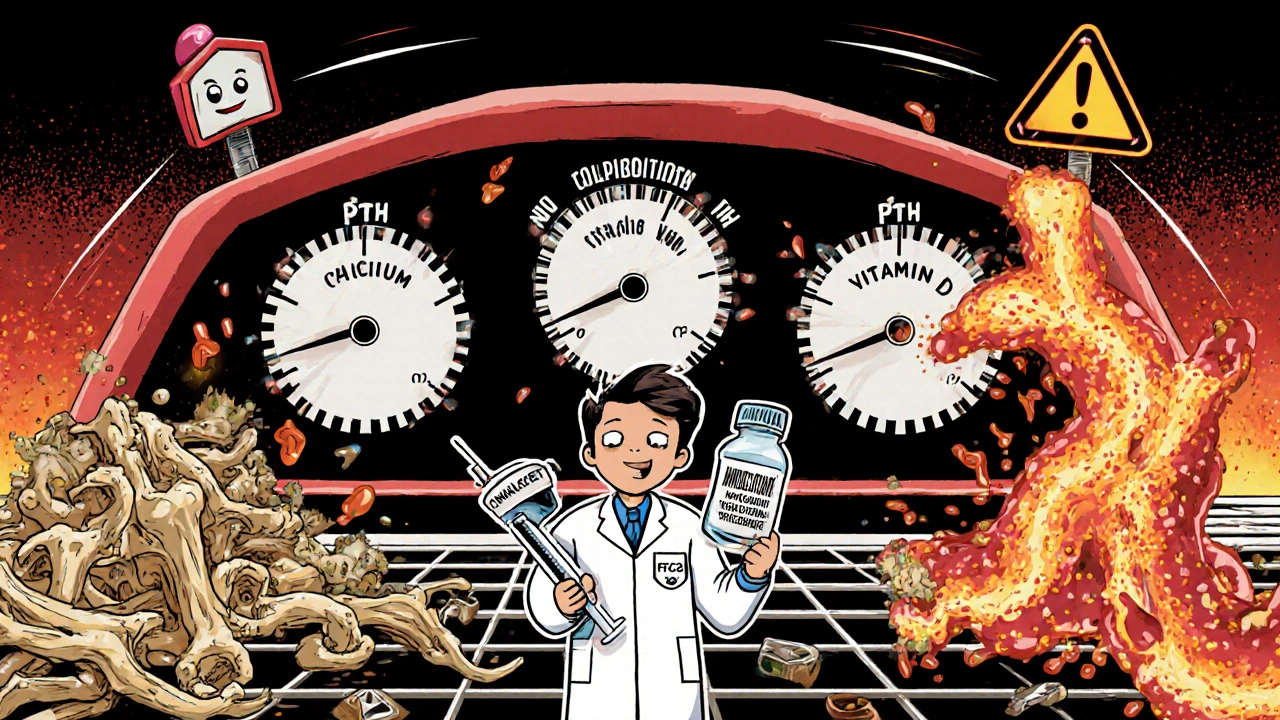 A medical dashboard with wild dials for calcium, PTH, and vitamin D, a doctor administering treatment between bone collapse and calcified arteries.