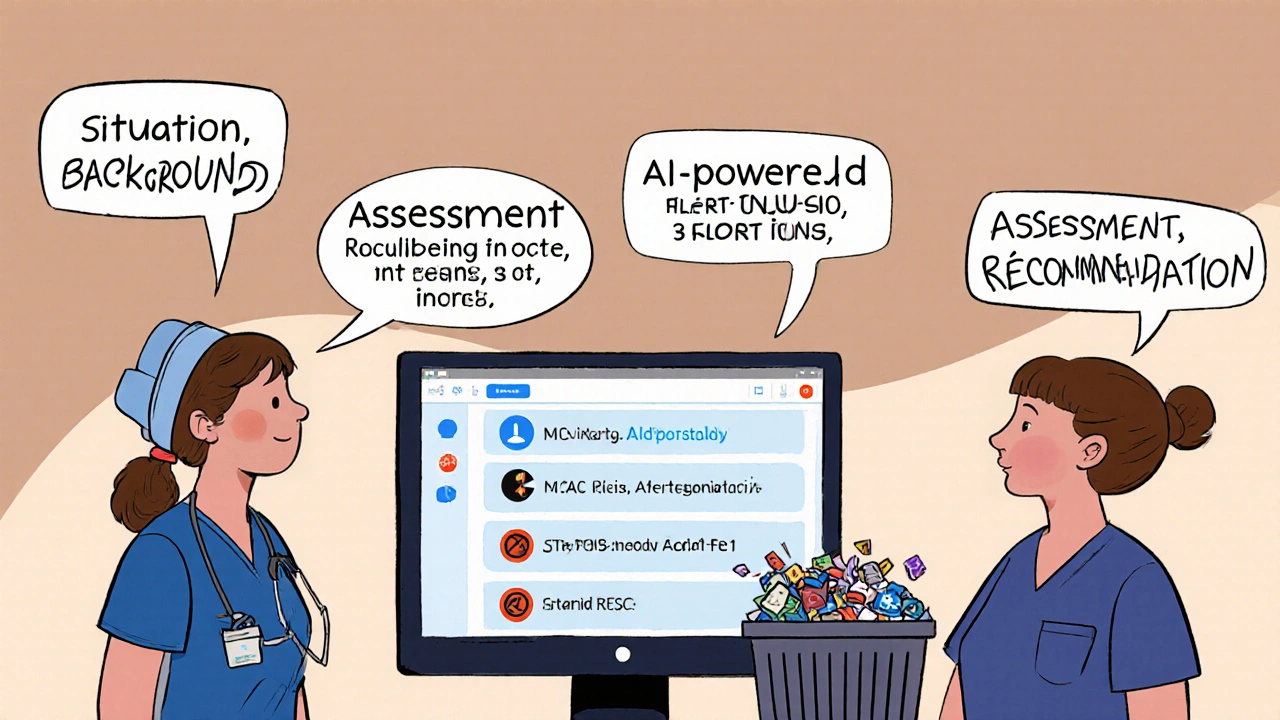 A nurse explains a dose change using SBAR method during shift handoff, with clear speech bubbles and filtered digital alerts in background.
