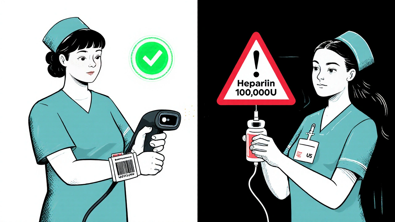 A nurse scans a patient&#039;s wristband with a green confirmation, while a red warning appears over a dangerously high heparin dose nearby.