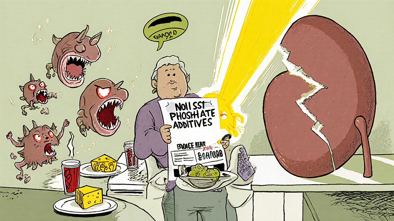 A patient checking food labels as phosphate monsters emerge from processed foods, blocked from vitamin D by a broken kidney shield.