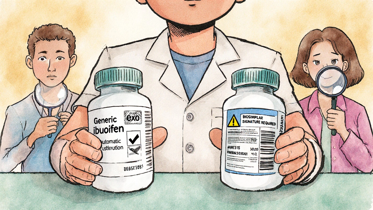 A pharmacist handing two different prescriptions — one easily substitutable generic, the other requiring doctor approval for a biosimilar.